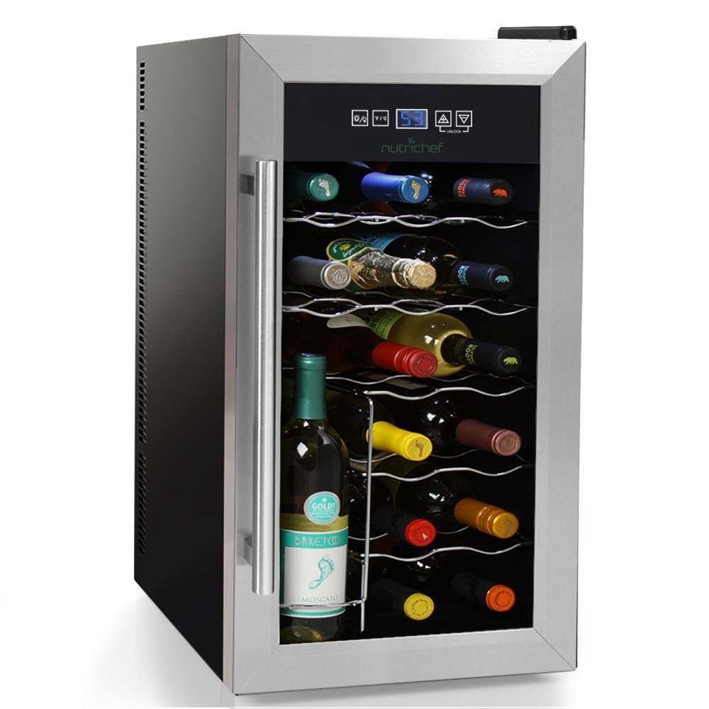 NutriChef 18 Bottle Thermoelectric Wine Cooler / Chiller | Counter Top Red and White Wine Cellar | FreeStanding Refrigerator, Quiet Operation Fridge | Stainless Steel