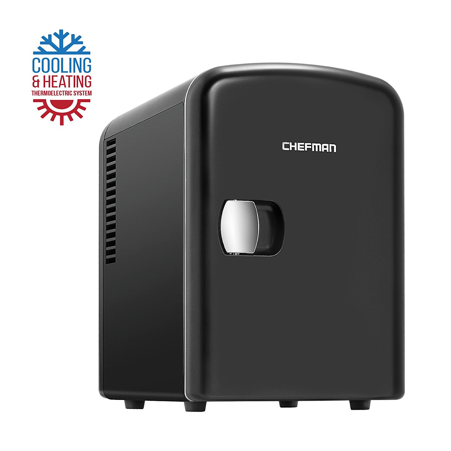 Chefman Portable Compact Personal Fridge Cools & Heats, 4 Liter Capacity Chills Six 12 oz Cans, 100% Freon-Free & Eco Friendly, Includes Plugs for Home Outlet & 12V Car Charger – Black