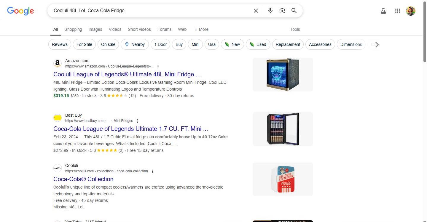 Search results for a special Coca-Cola mini fridge