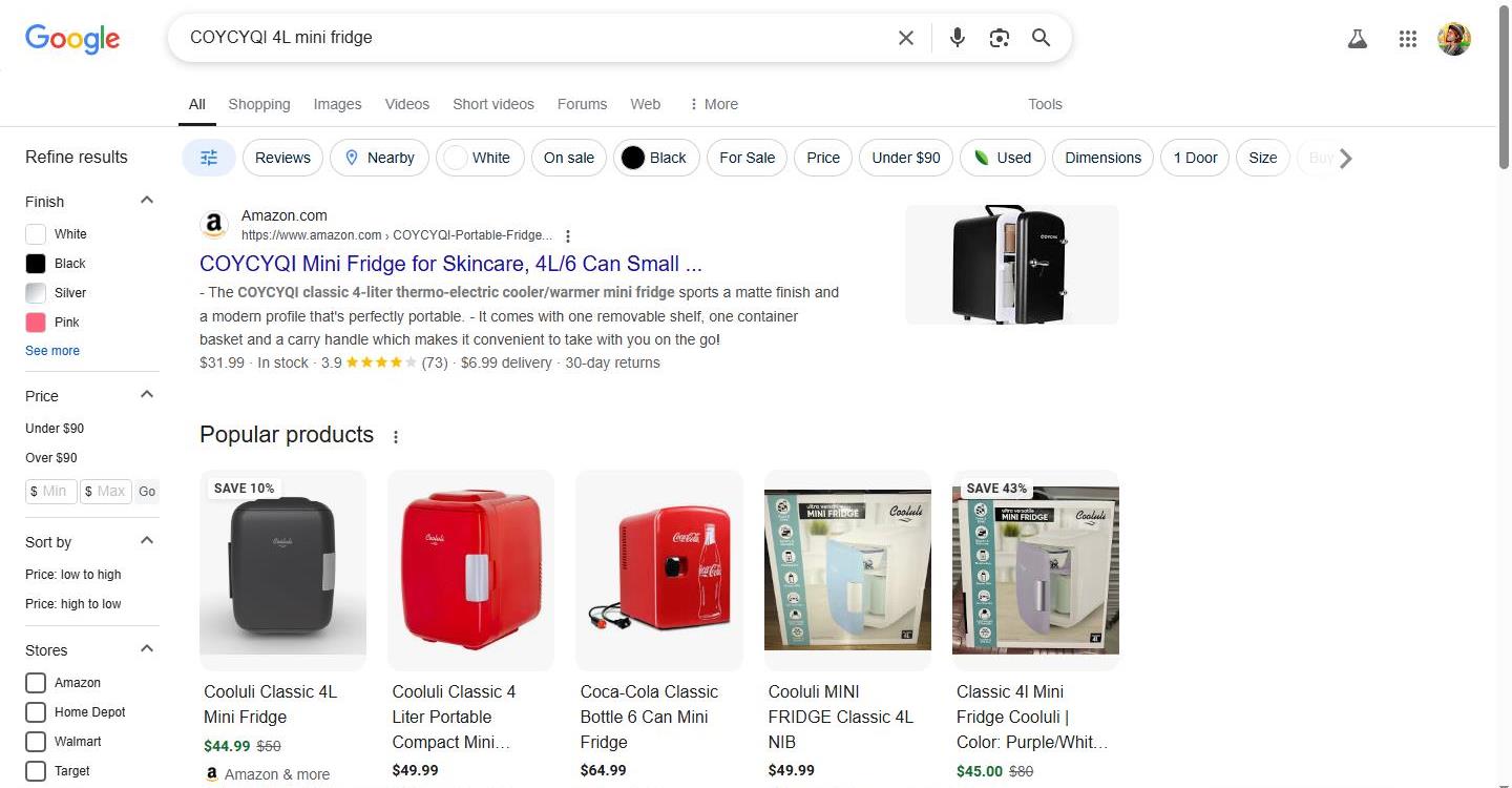 Google Search Results for a Mini Fridge