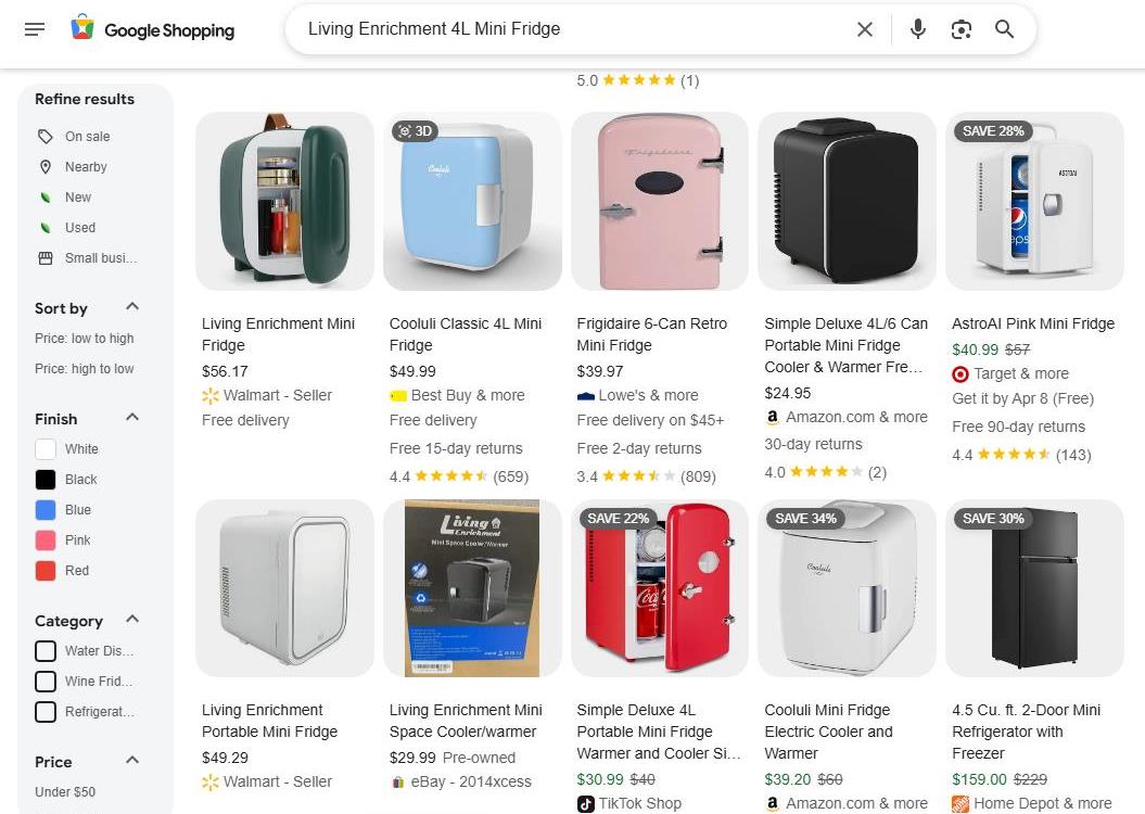 Google Shopping Results for Living Enrichment 4L Mini Fridge