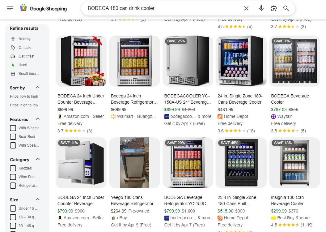 Google Shopping Results for a Bodega 180 Can Drink Cooler