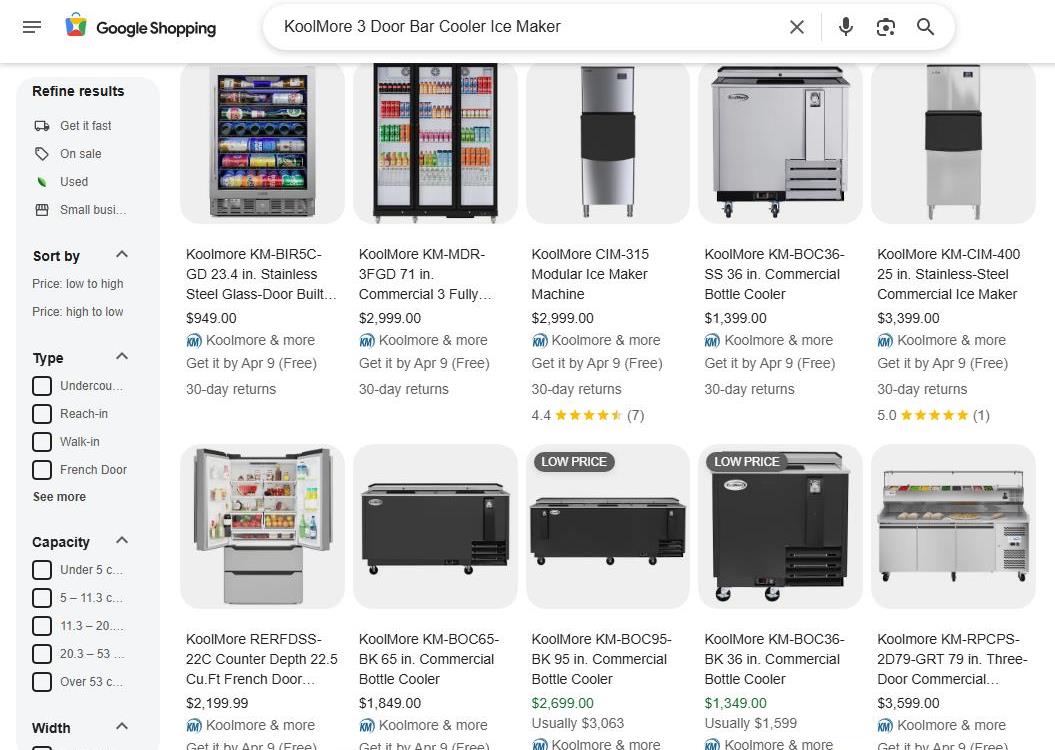 Google Shopping Search Results for KoolMore 3 Door Bar Cooler Ice Maker