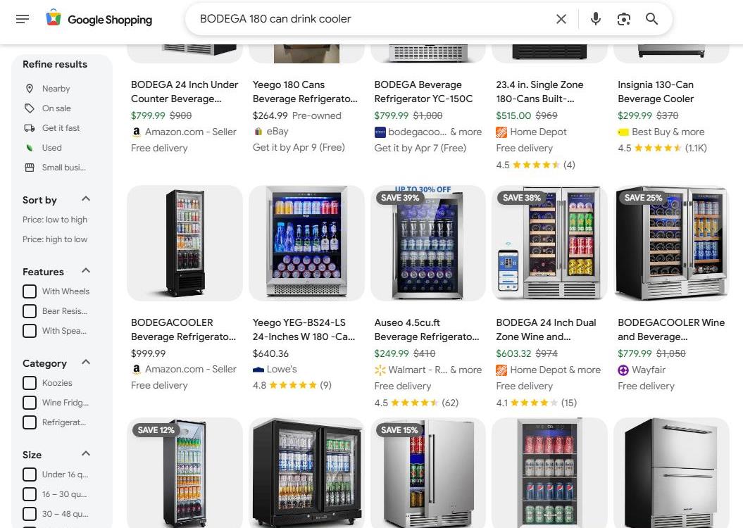 Google Shopping Results for a Yeego 180 Cans Drink Cooler