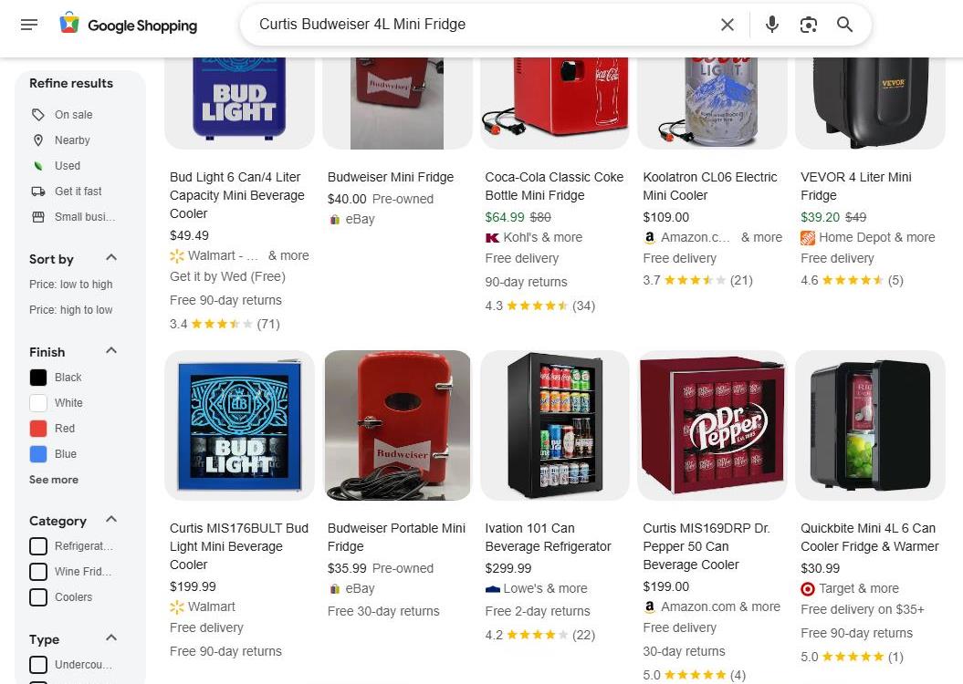 Small Fridges for Drinks on Google Shopping