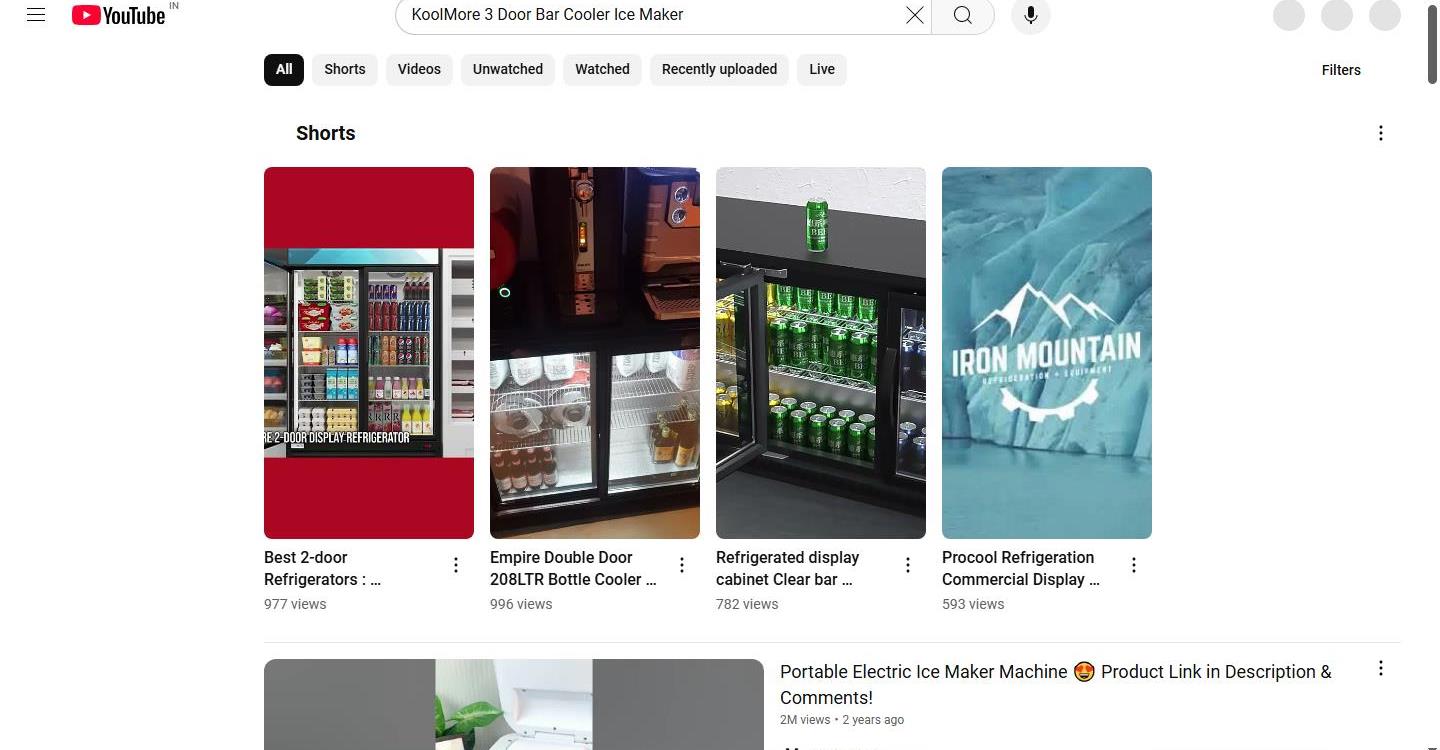 YouTube Shorts showcasing a KootMore 3 Door Bar Cooler Ice Maker